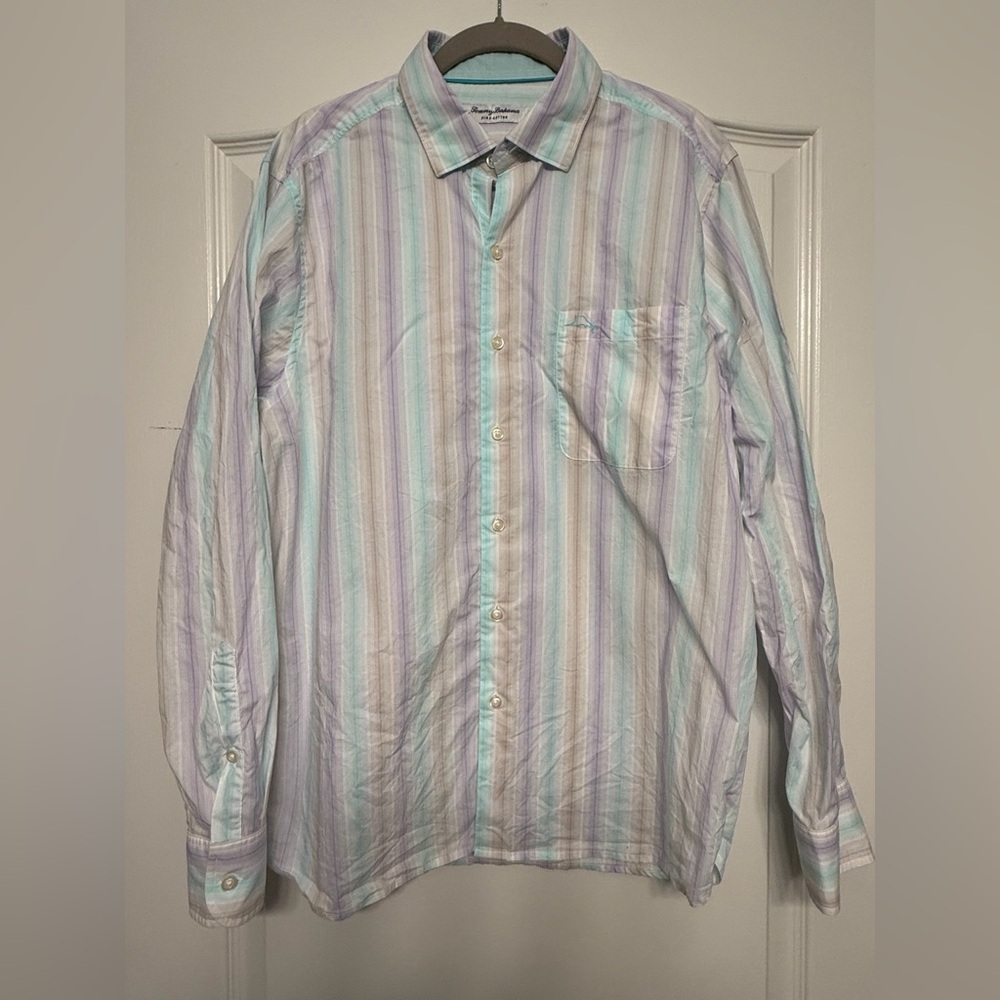 Tommy Bahama Pima Cotton Pastel Stripe Button Down M Hidden Collar Coastal
